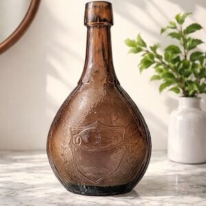 Vintage Wheaton Amber Glass Union‎ Shield Sailing Ship Textured  Bottle 9 1/8"